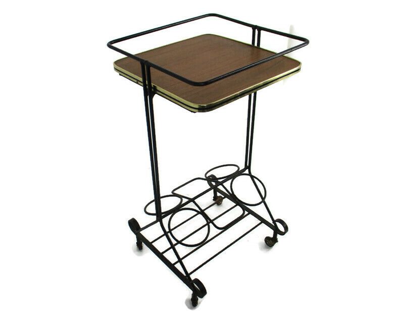 Bar Wine Cocktail Cart Trolley Wood Veneer Wrought Iron Modernist Funky Small