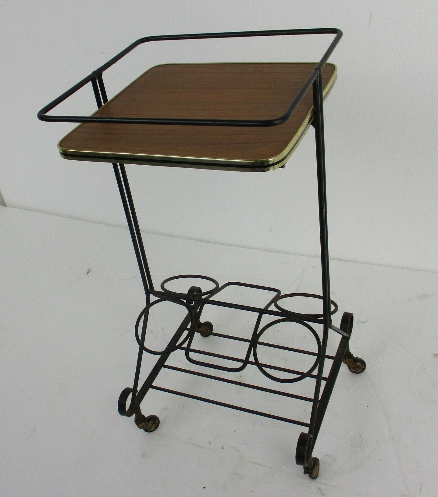 Bar Wine Cocktail Cart Trolley Wood Veneer Wrought Iron Modernist Funky Small photo for sale