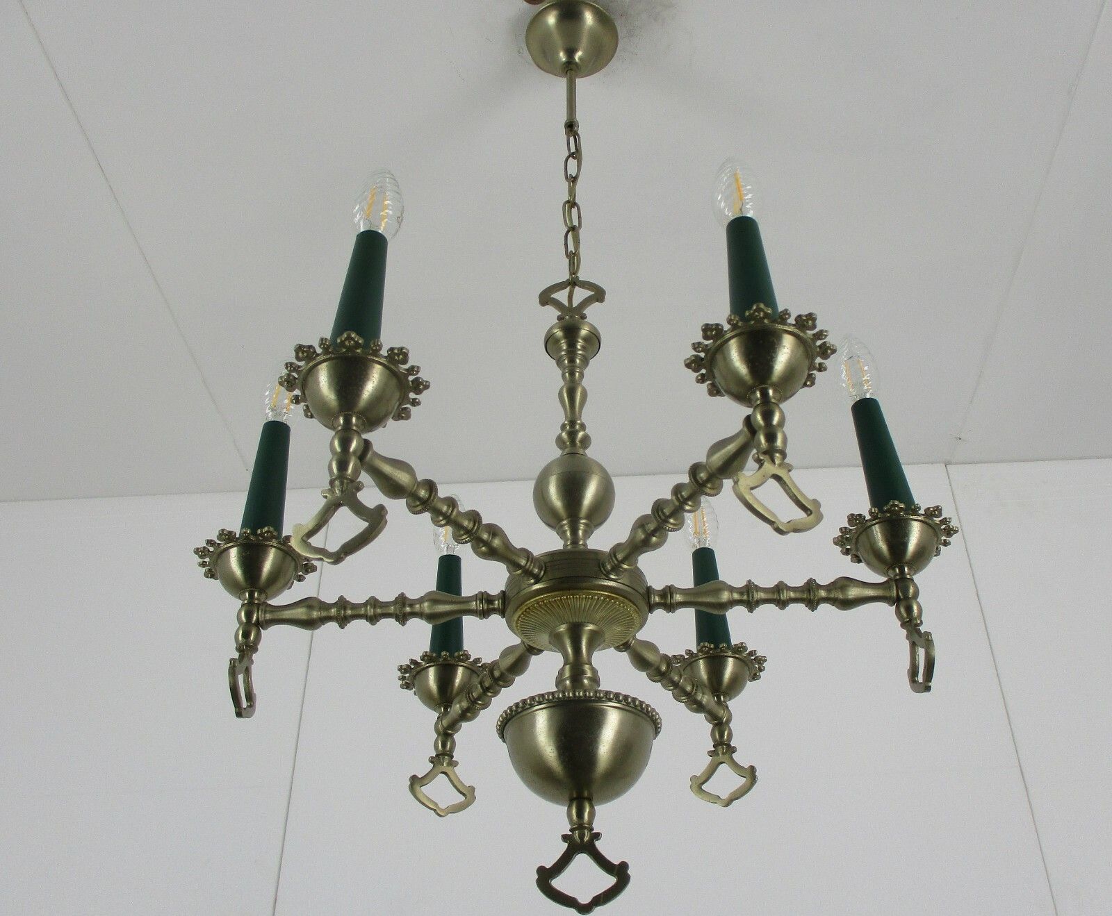 Chandelier Tin Look Messing Metal 6 Lights Edwardian Style Hobnails Rare Lovely photo 297.0