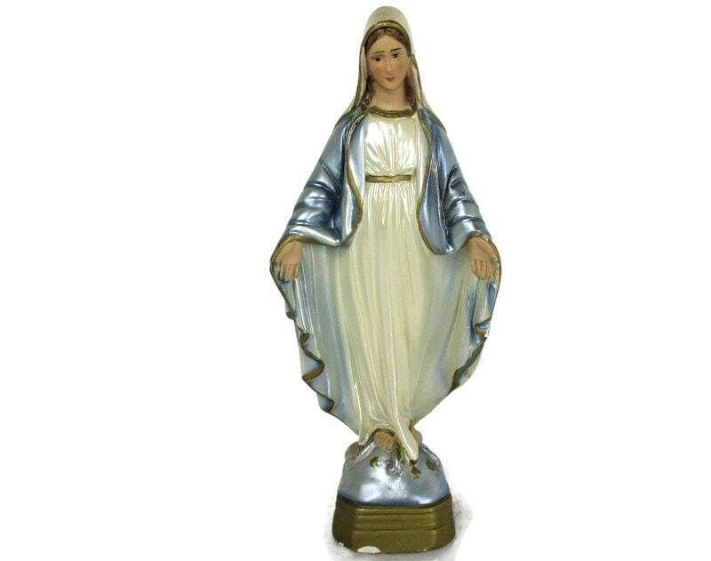 Vintage Statue Virgin Mary Our Lady Madonna Open Arms Shining Blue Plaster Lovel
