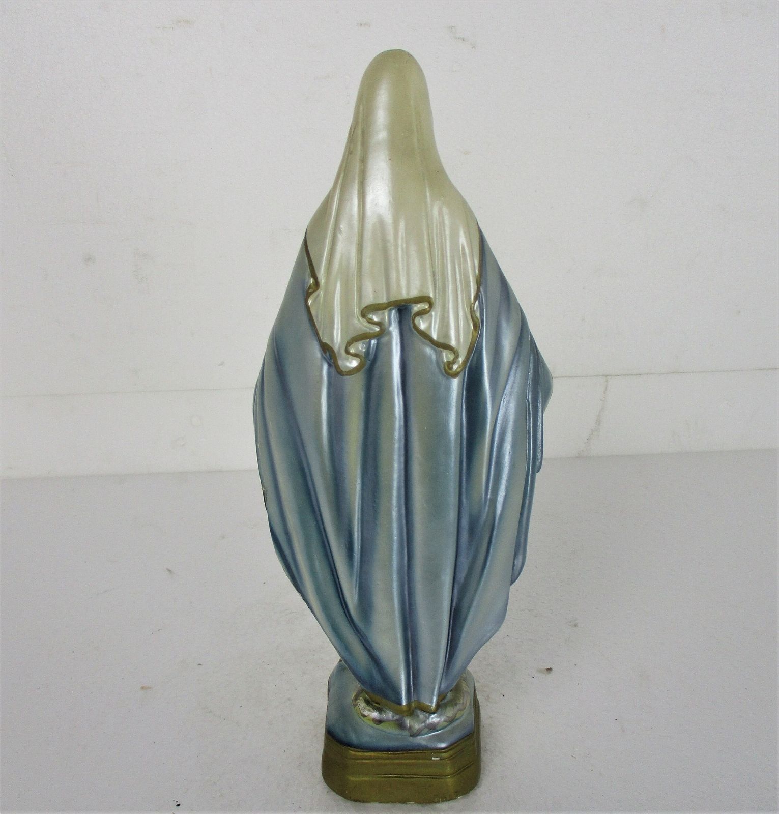 Vintage Statue Virgin Mary Our Lady Madonna Open Arms Shining Blue Plaster Lovel photo vintage