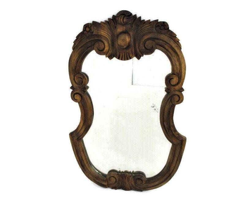 Large Beautiful Ornate Wooden Oak Wall Hanging Mirror Romantic Hollywood Regency
