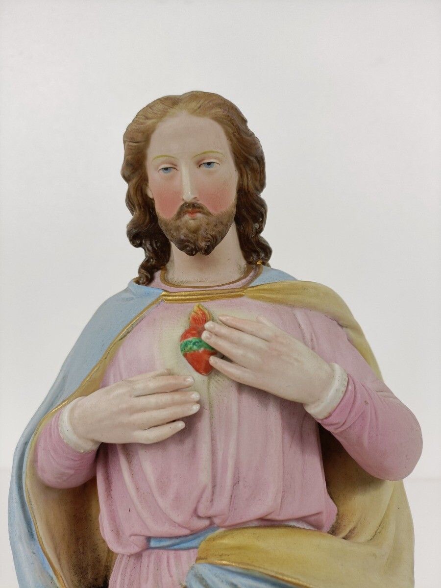 photo furniture Antique  Statue Bisque Porcelain Jesus Christ Saviour Holy Sacred Heart