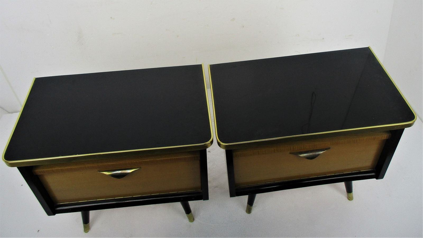 Pair Couple Double Vintage Nightstands End Tables Mid Century Modern Wood Retro photo for sale