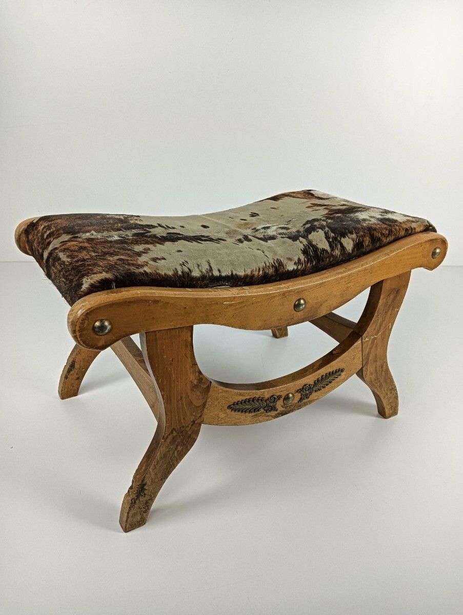 Vintage Foot Stool Ottoman Footstool Wooden Wooden Legs  Cowhide Funky Authentic photo vinterior