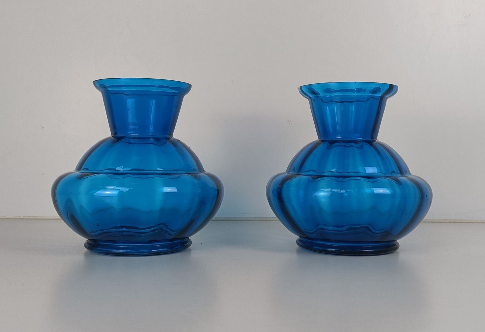 Pair Blue Art Deco  Hooped Vases  Art Glass Antique Gorgeous photo furniture