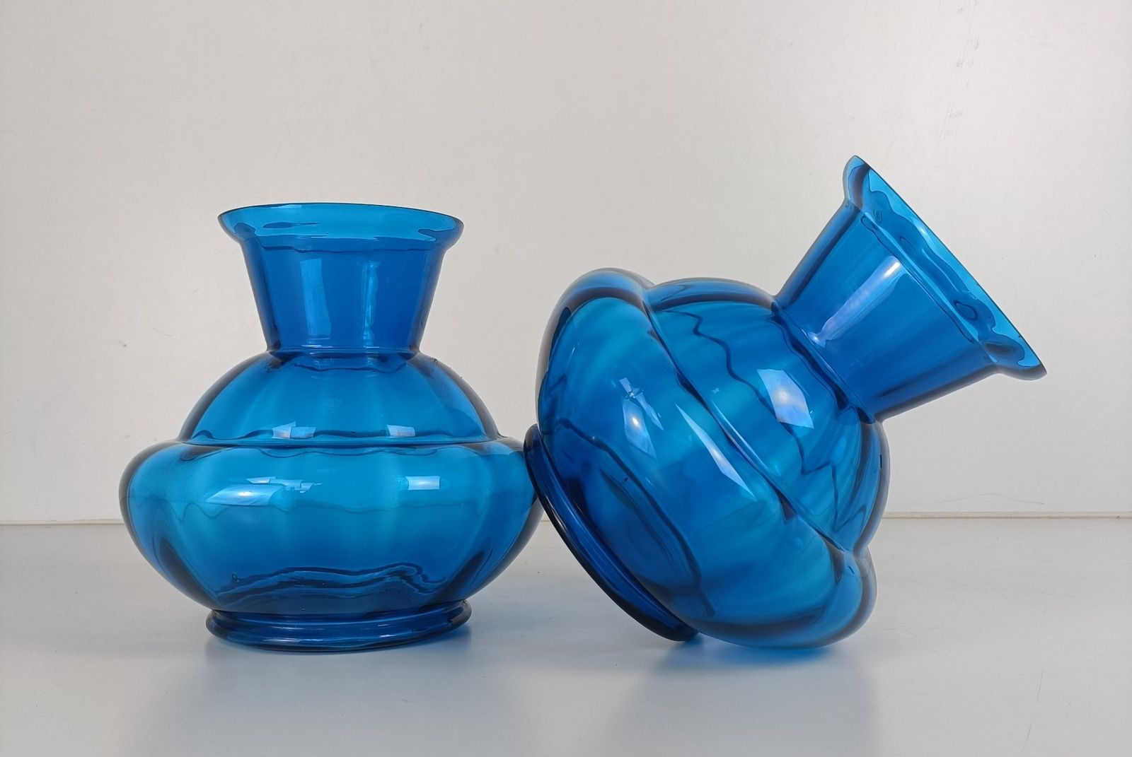 Pair Blue Art Deco  Hooped Vases  Art Glass Antique Gorgeous photo vinterior