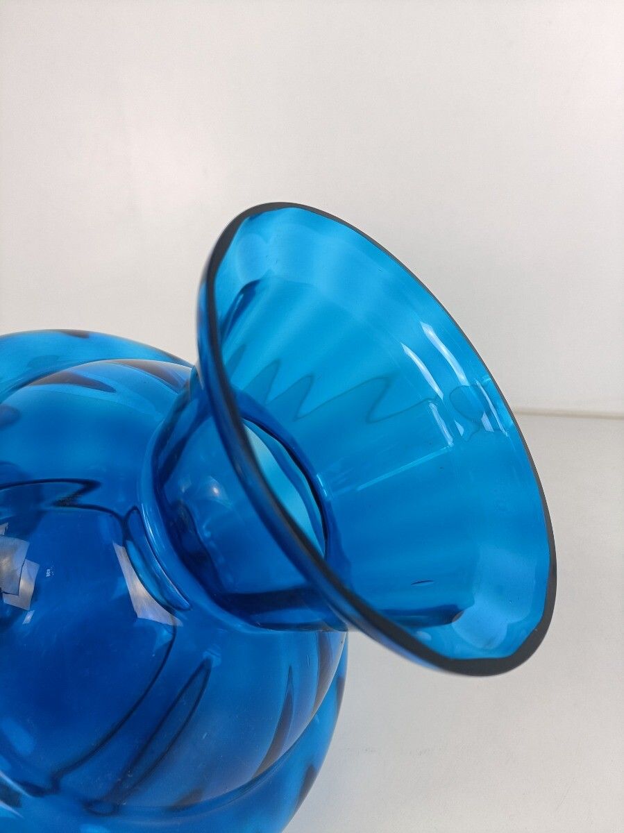Pair Blue Art Deco  Hooped Vases  Art Glass Antique Gorgeous photo buy