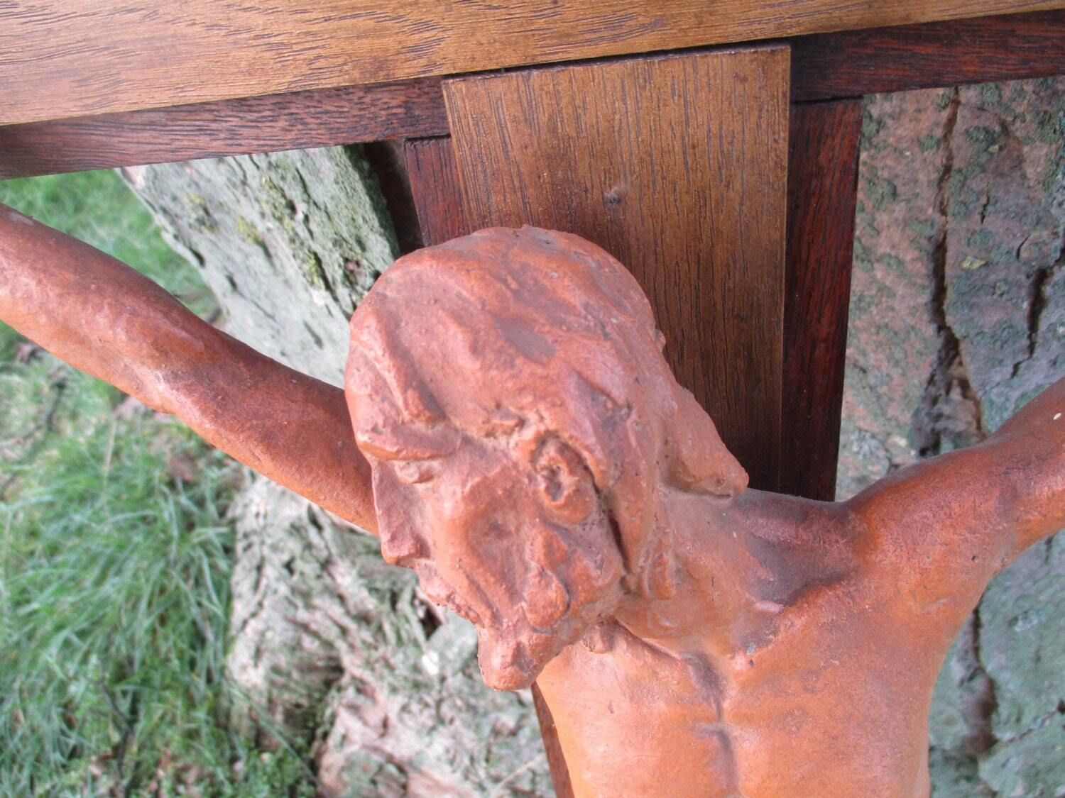 Vintage Large Wood Hanging Crucifix Cross Jesus Christ Terracotta Corpus 32.28&Q photo for sale
