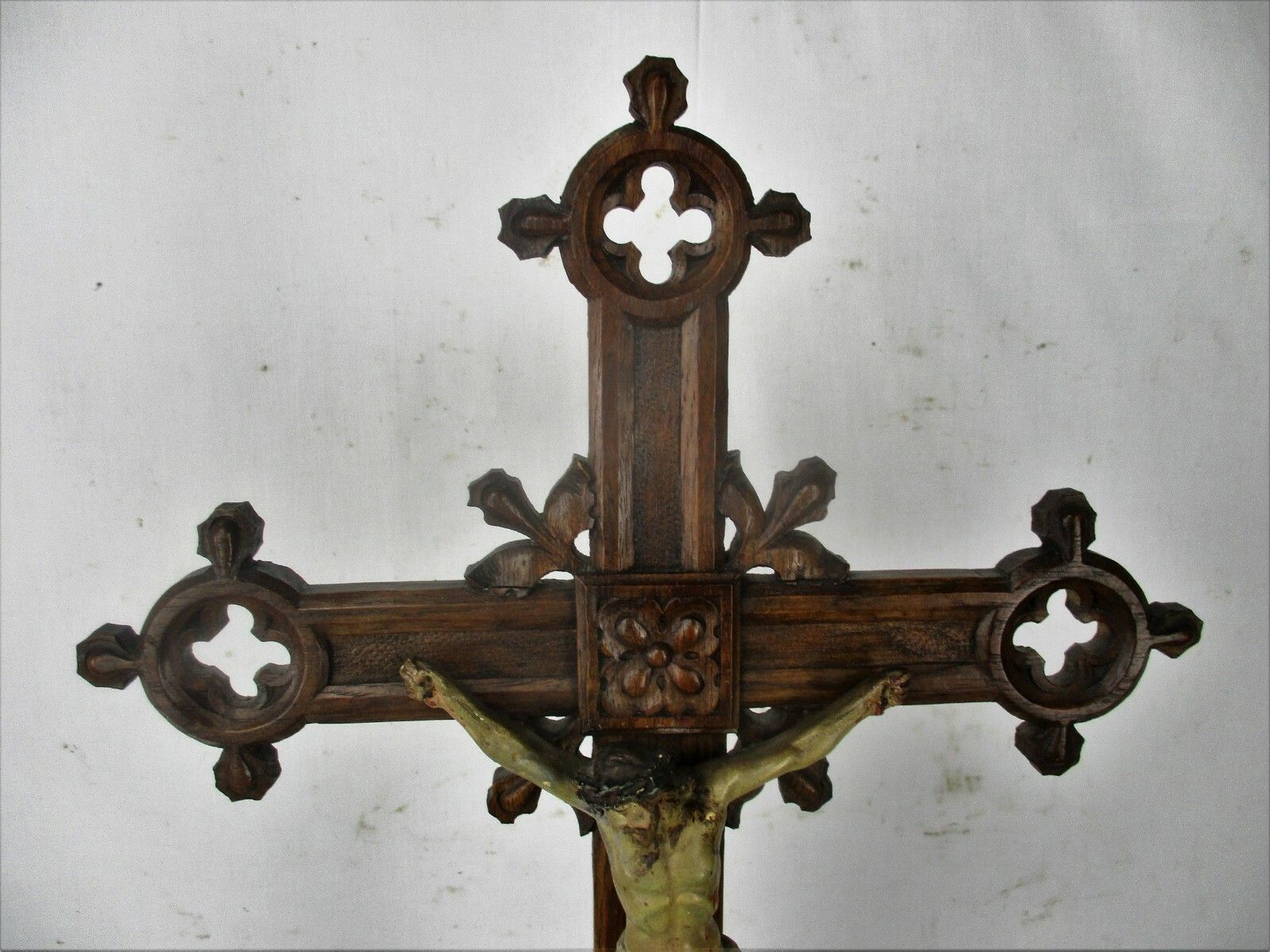 French Standing Crucifix Corpus Christi Hand Carved Wood Oak Plaster Art Piece photo furniture