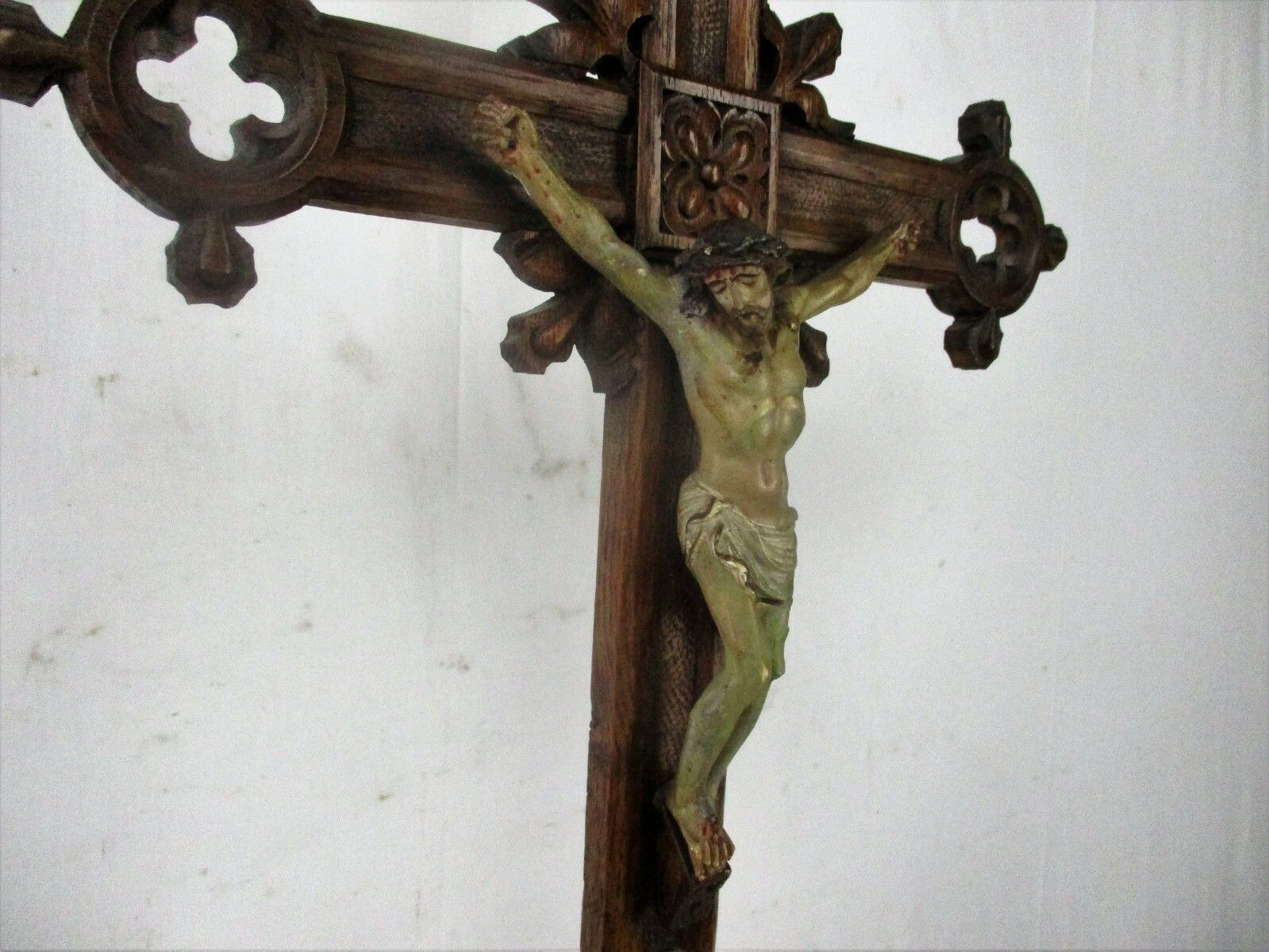 French Standing Crucifix Corpus Christi Hand Carved Wood Oak Plaster Art Piece photo Art