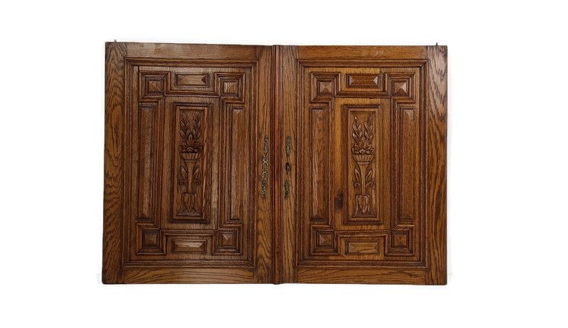 Pair Antique French Hand Carved Wood Oak Door Panels Reclaimed Architectural Bas