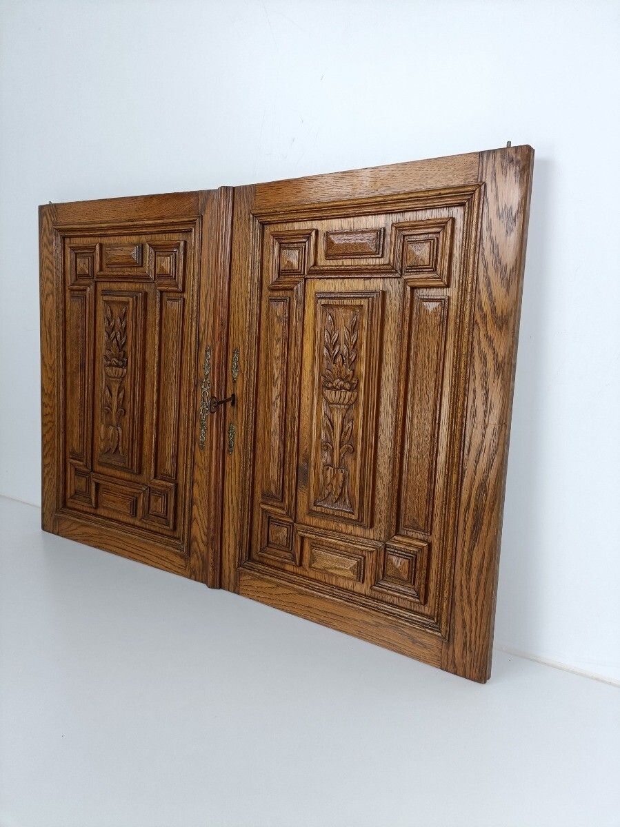 Pair Antique French Hand Carved Wood Oak Door Panels Reclaimed Architectural Bas photo for sale