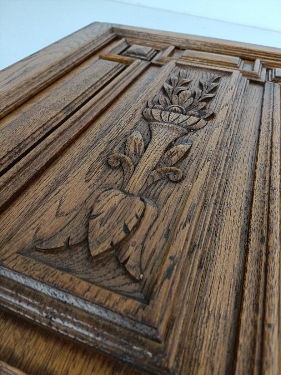 Pair Antique French Hand Carved Wood Oak Door Panels Reclaimed Architectural Bas photo vintage