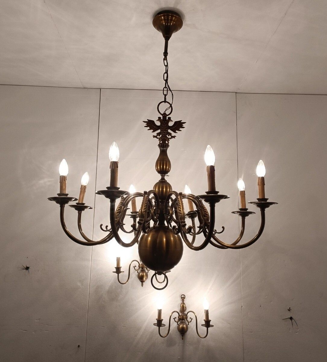 Set Of 3  Wall Sconces 1 Large Flemish Dutch Chandelier Very Rare Modernist Bras photo Lighting
