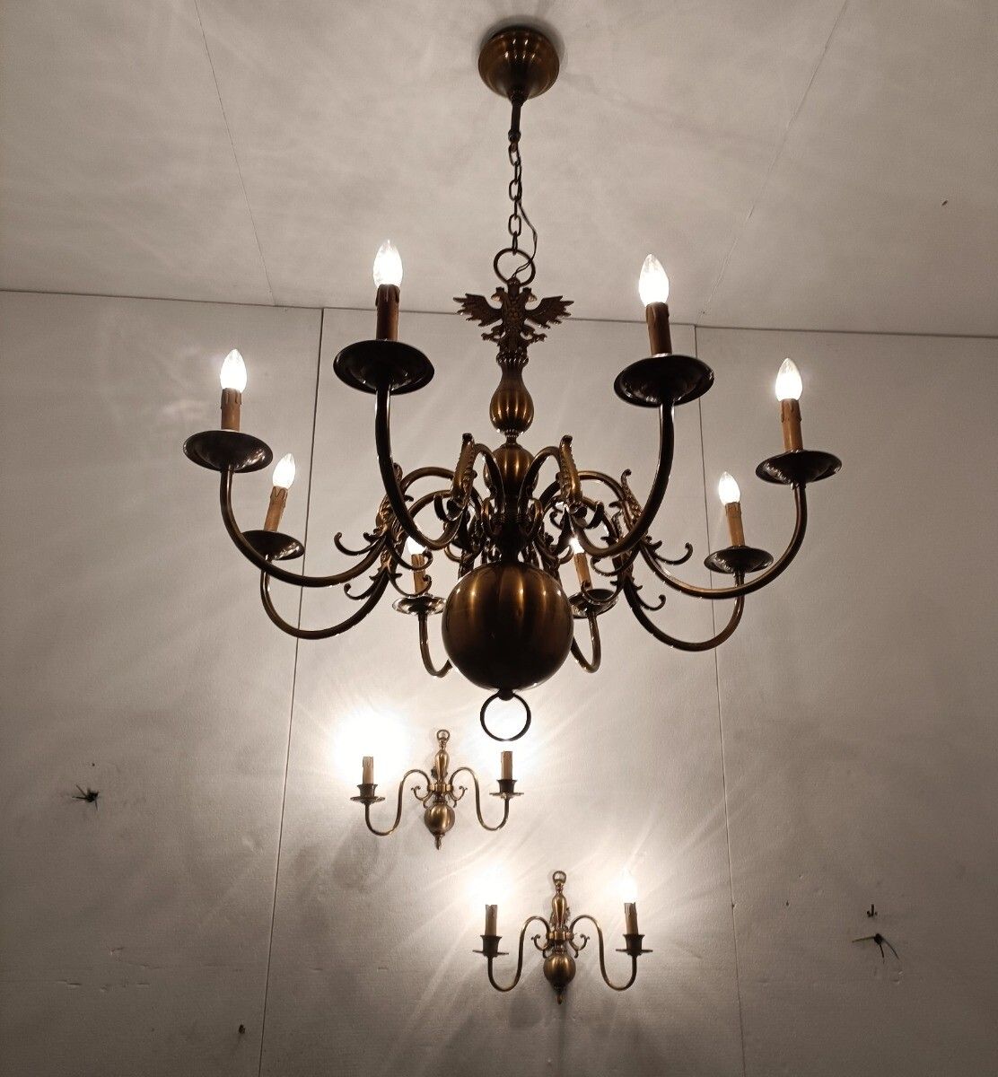 Set Of 3  Wall Sconces 1 Large Flemish Dutch Chandelier Very Rare Modernist Bras photo 1334.0