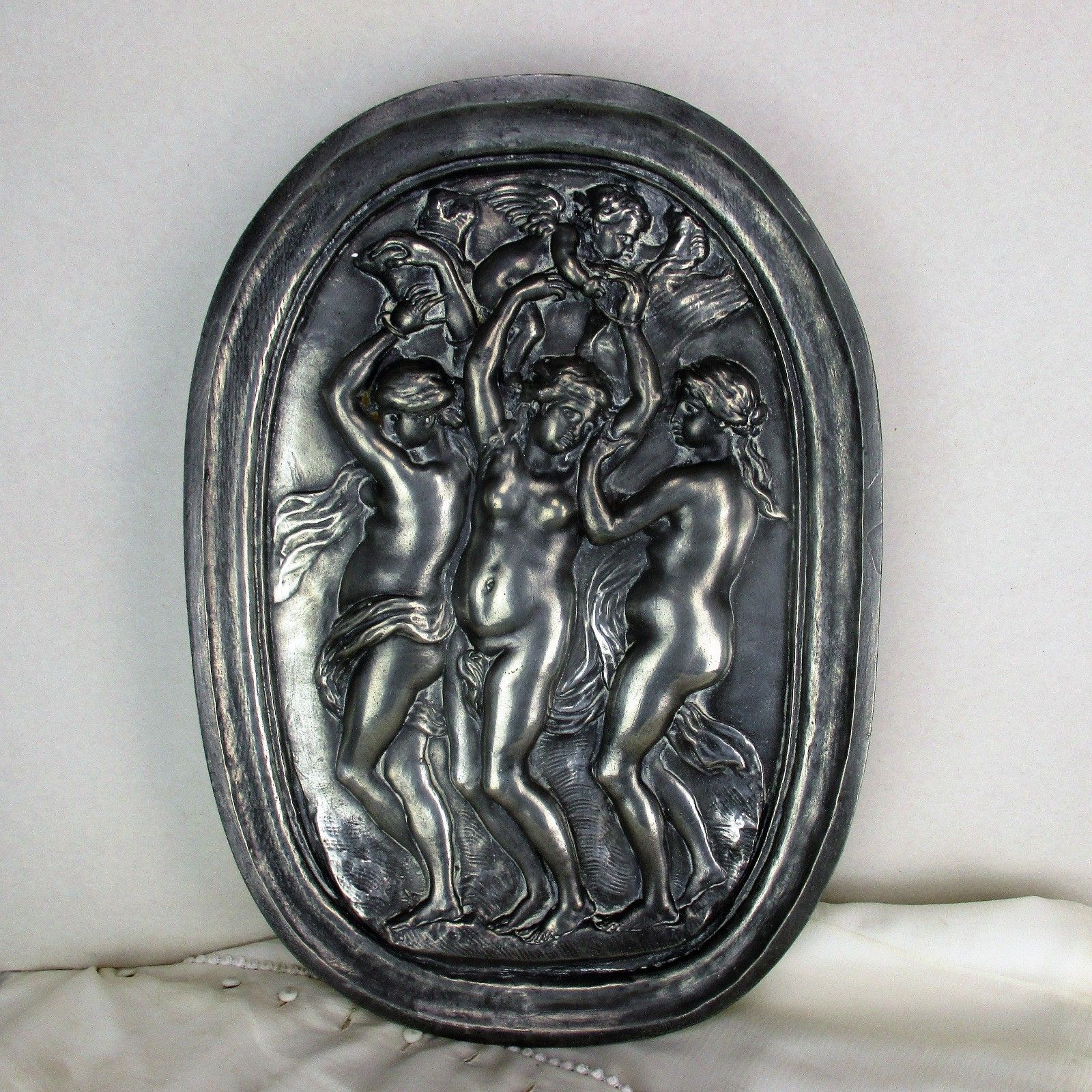 Tin 3 Graces Goddesses Wall Panel Bas Relief Tableaux Nude Wax Seal Mythology photo furniture