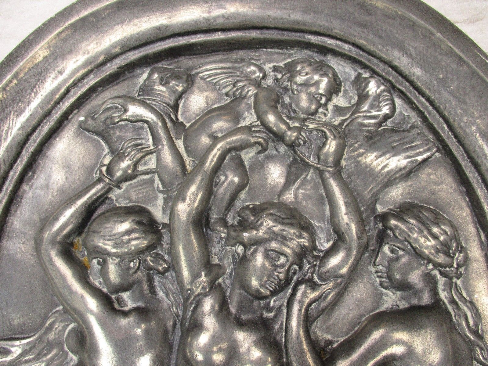 Tin 3 Graces Goddesses Wall Panel Bas Relief Tableaux Nude Wax Seal Mythology photo vinterior