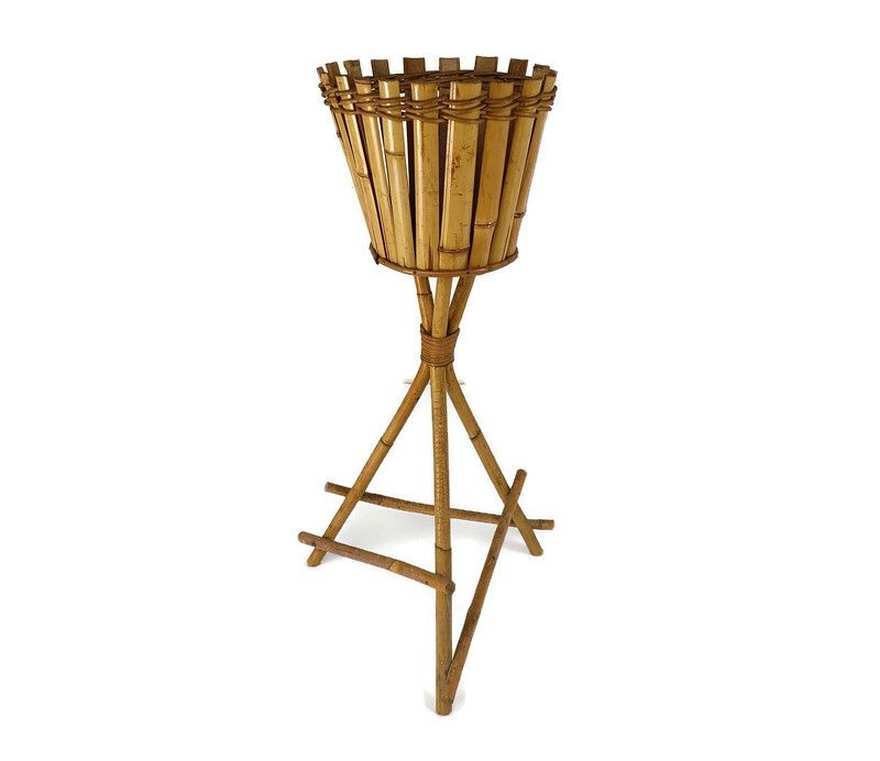 Vintage Standing Plant Holder Planter Bamboo Rattan Retro Mid Century Modern