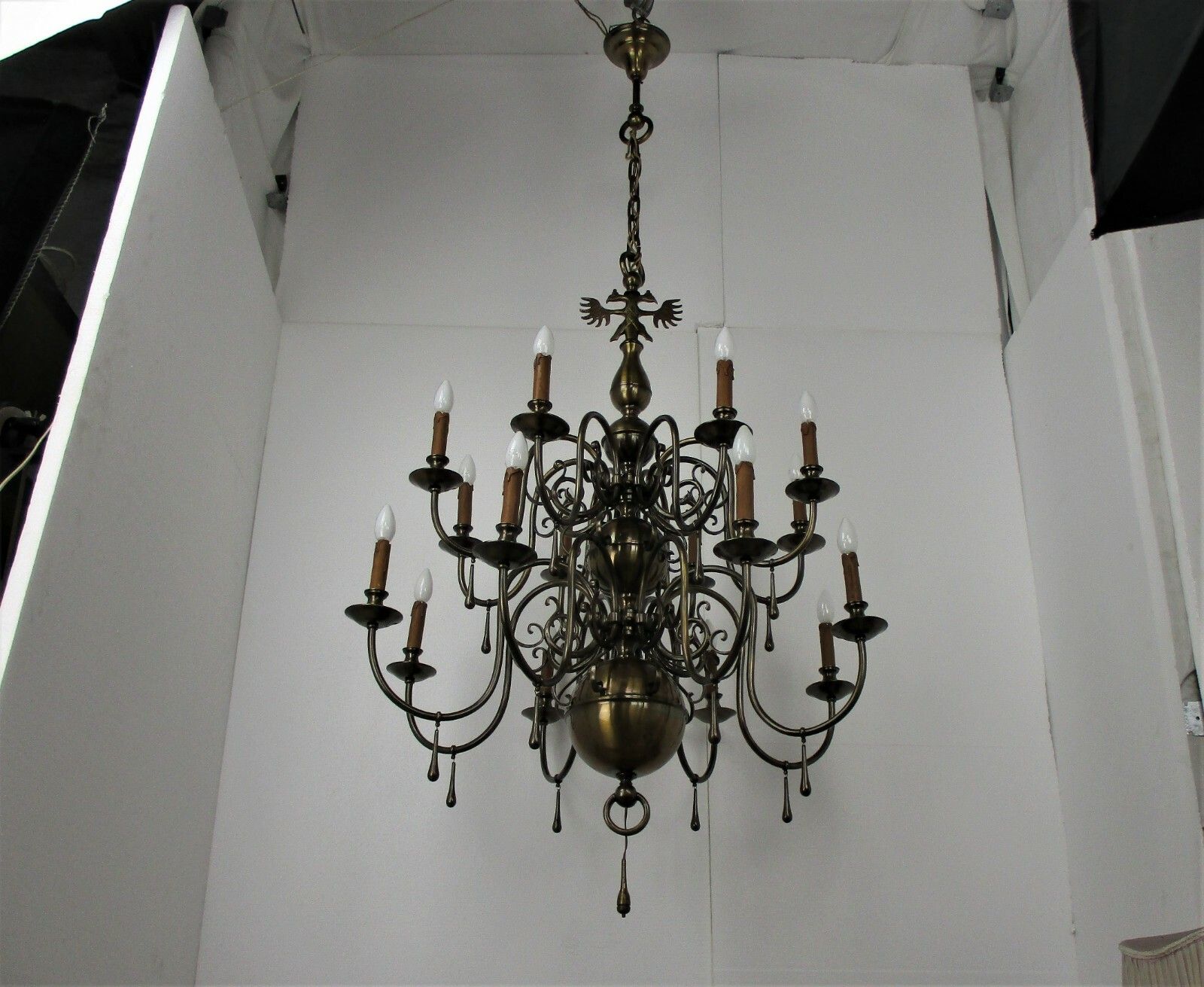 Huge Flemish Double 16 Arms Castle Chandelier Bronze Gilded With Butler Bell Wow photo for sale