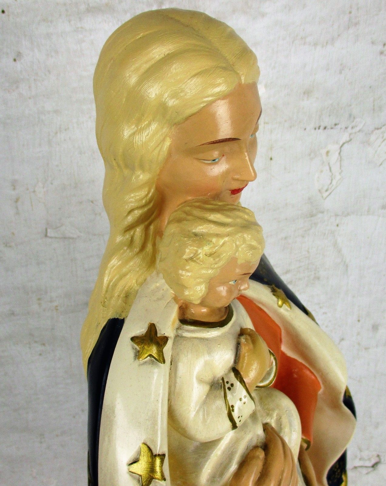 Large Polychrome Statue Virgin Mary Holy Mother Infant Child Mid Century Modern photo Art