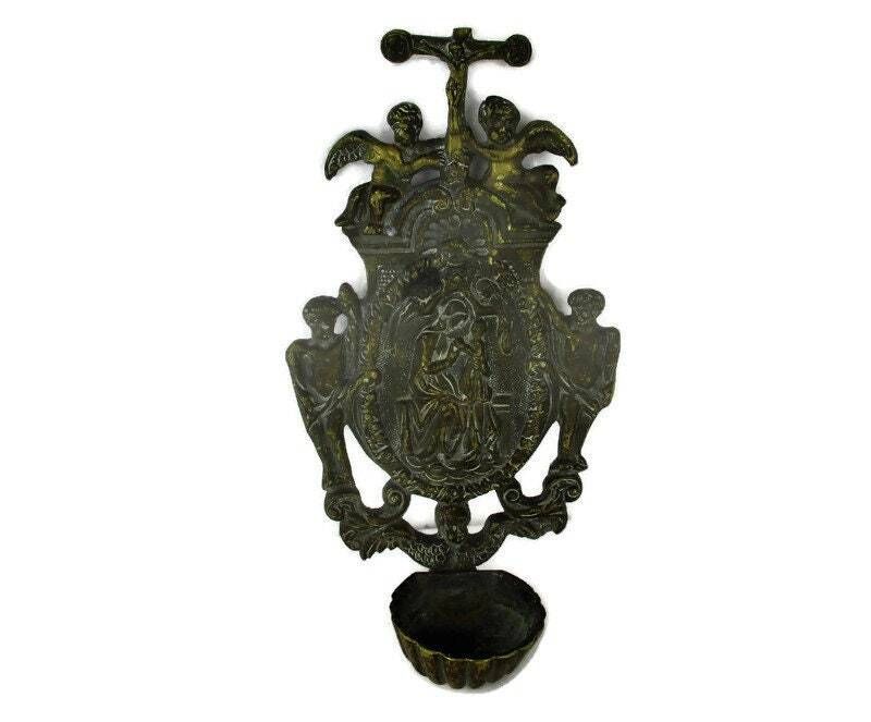 Large Brass Embossed Holy Water Font Angels Virgin Mary Infant Wall Hanging Cruc
