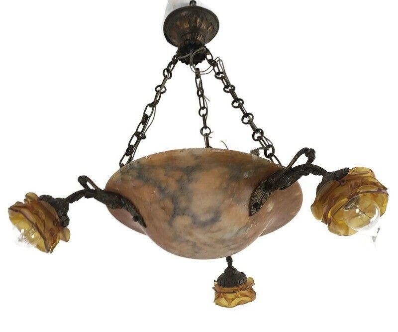 Art Nouveau Pendant Chandelier Alabaster Amber Flower Shades 3 Arm Antique 4 Lig