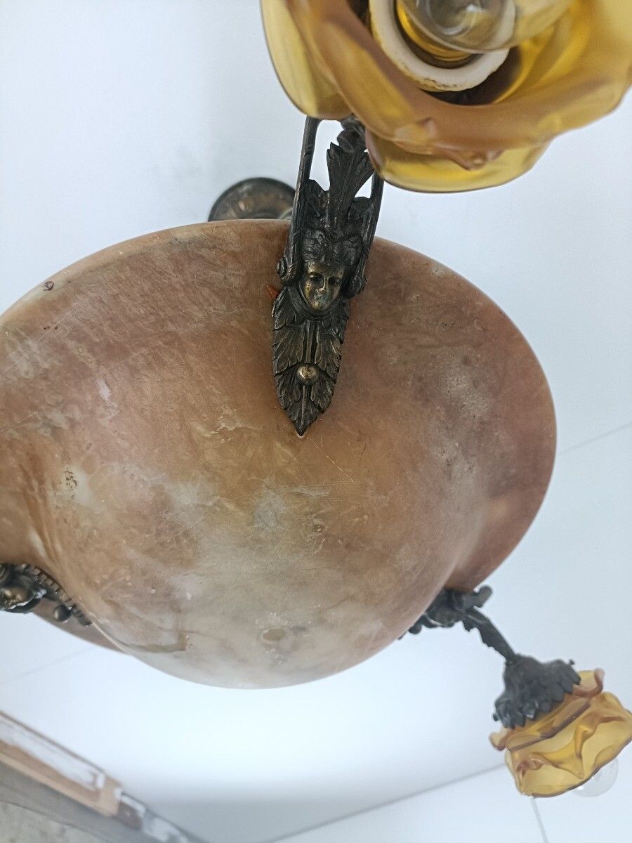 Art Nouveau Pendant Chandelier Alabaster Amber Flower Shades 3 Arm Antique 4 Lig photo vintage
