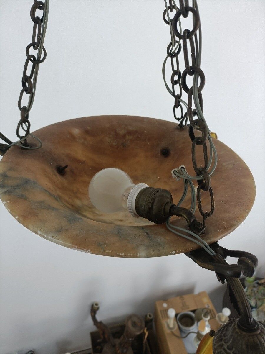photo furniture Art Nouveau Pendant Chandelier Alabaster Amber Flower Shades 3 Arm Antique 4 Lig