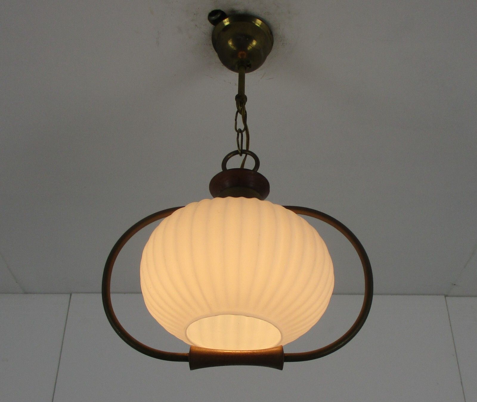 Danish Modern Chandelier Pendant Teak Brass Opaline Glass  Louis Kalff Atomic photo furniture