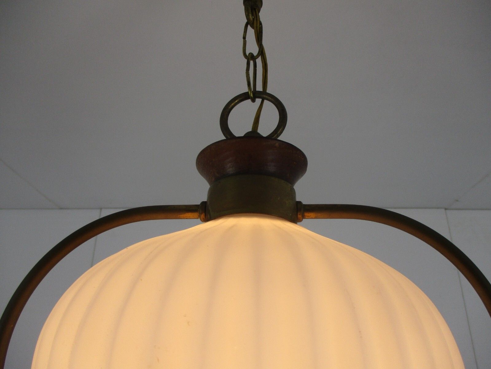 Danish Modern Chandelier Pendant Teak Brass Opaline Glass  Louis Kalff Atomic photo vinterior