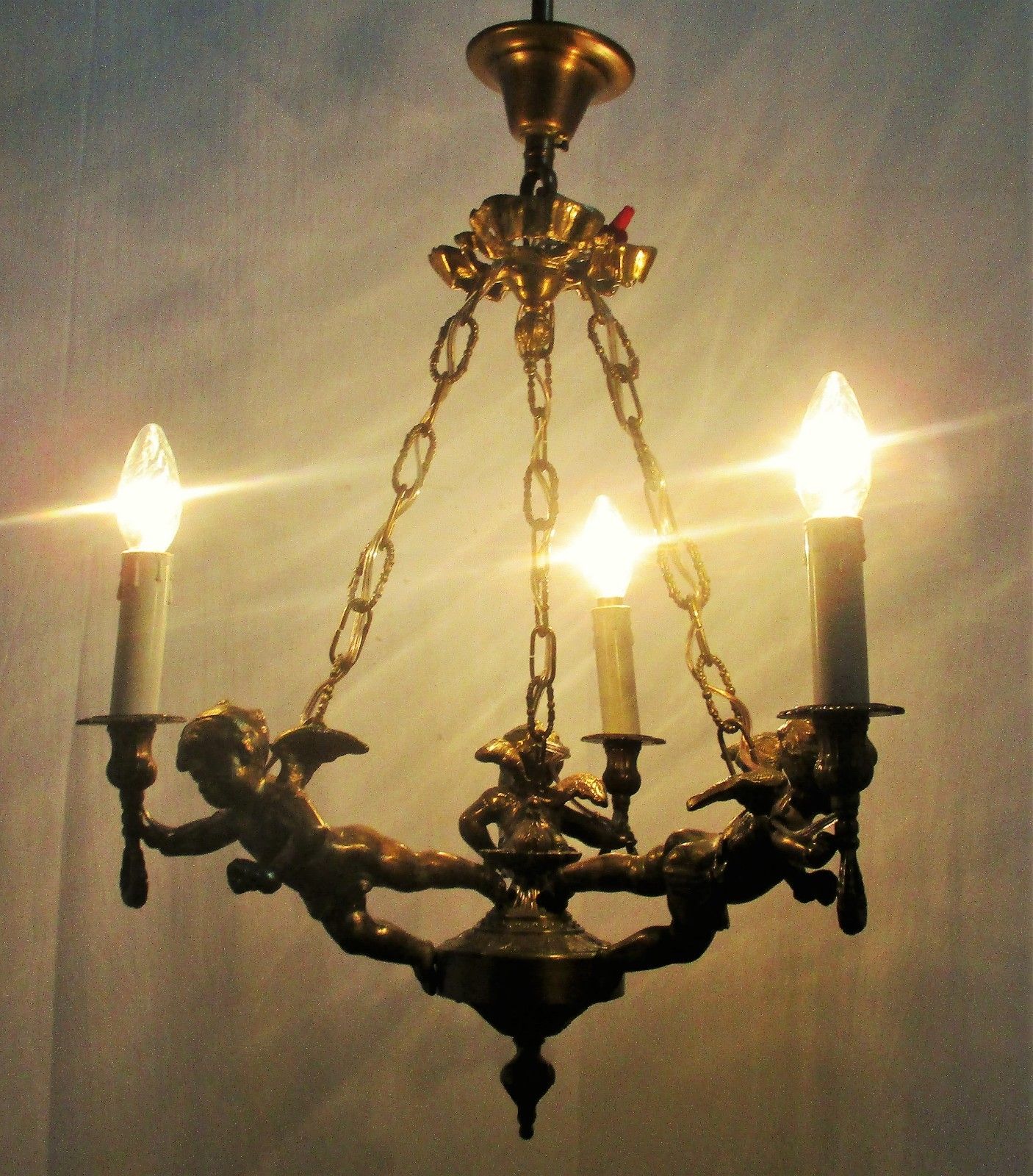 French Bronze Chandelier 3 Lights Arms Putti Cherub Hollywood Regency Romantic photo furniture