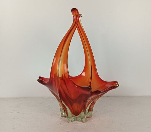 Italian Red  Bowl Dish Centerpiece Murano Seguso Art Glass Modernist Basket Vint photo furniture