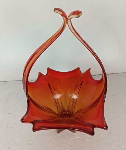 Italian Red  Bowl Dish Centerpiece Murano Seguso Art Glass Modernist Basket Vint photo for sale