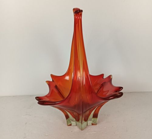 Italian Red  Bowl Dish Centerpiece Murano Seguso Art Glass Modernist Basket Vint photo Home Decor