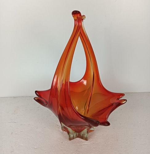 Italian Red  Bowl Dish Centerpiece Murano Seguso Art Glass Modernist Basket Vint photo 125.0