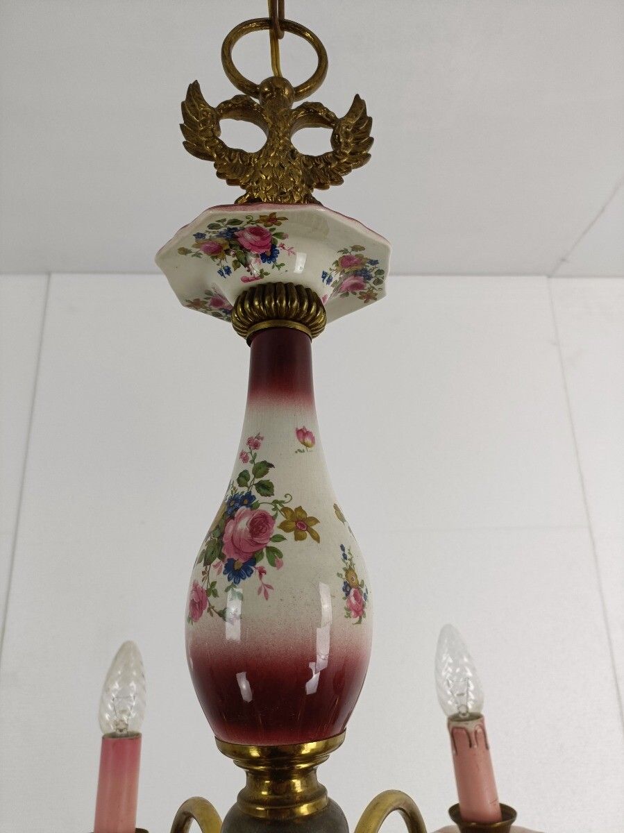 Chandelier 6 Arms Lights Ceramic Porcelain Pink Flowers  Mid Century  Eagle Hera photo vinterior