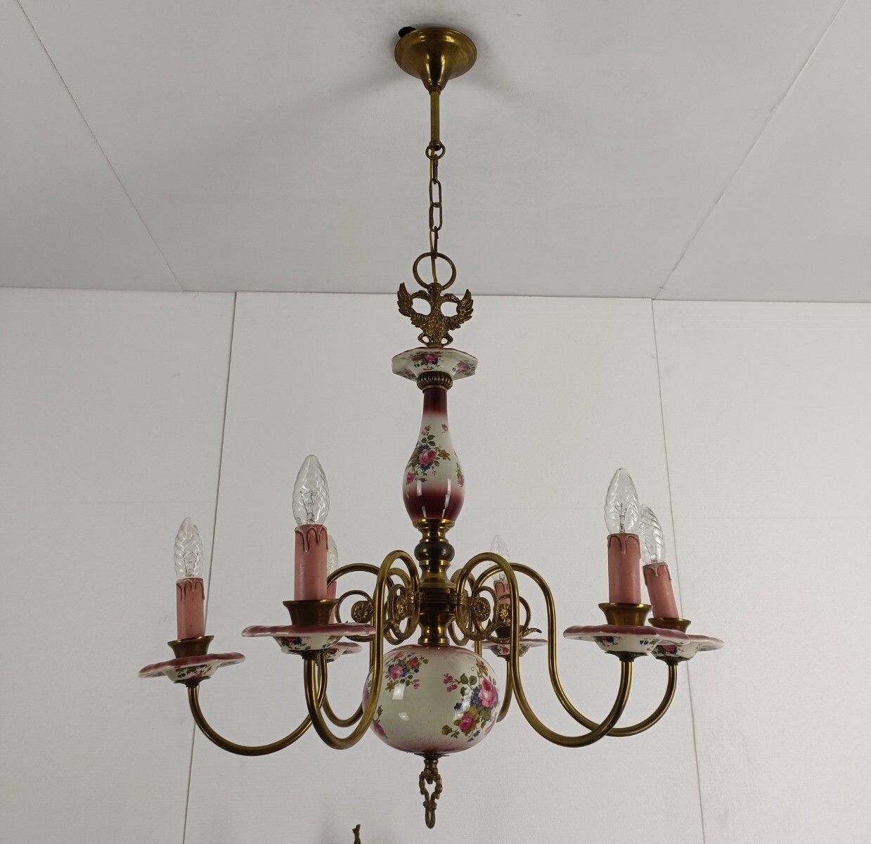 Lighting Chandelier 6 Arms Lights Ceramic Porcelain Pink Flowers  Mid Century  Eagle Hera photo