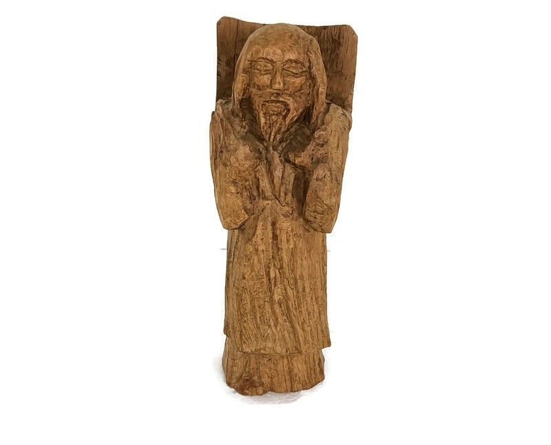 Vintage Wooden Hand Carved Wood Figurine Sculpture Chinese Old Man Phène