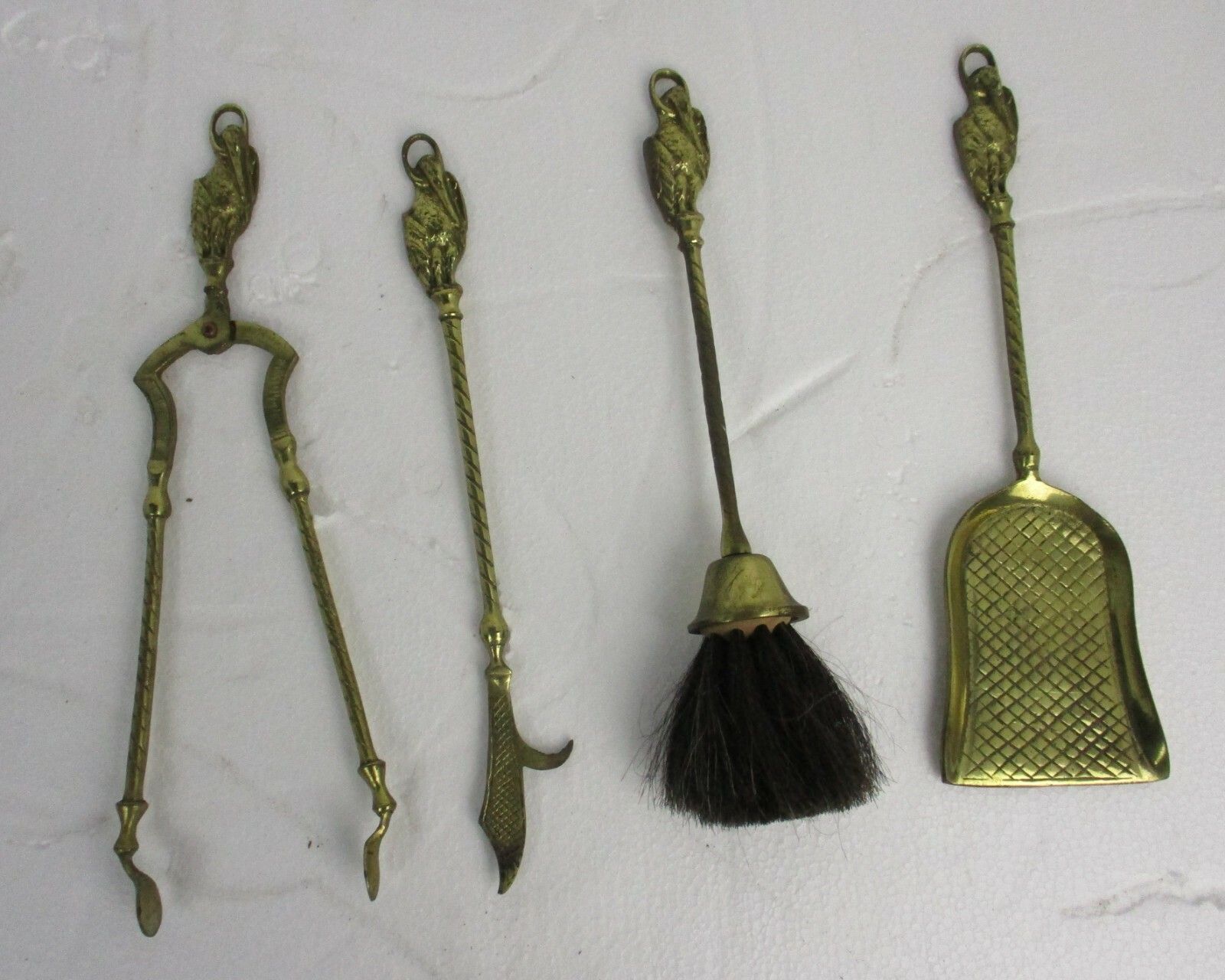 Gothic Superb Brass Fireplace Set Tools Vintage 4 Pieces Mythical Figures Birds photo Home Fixtures