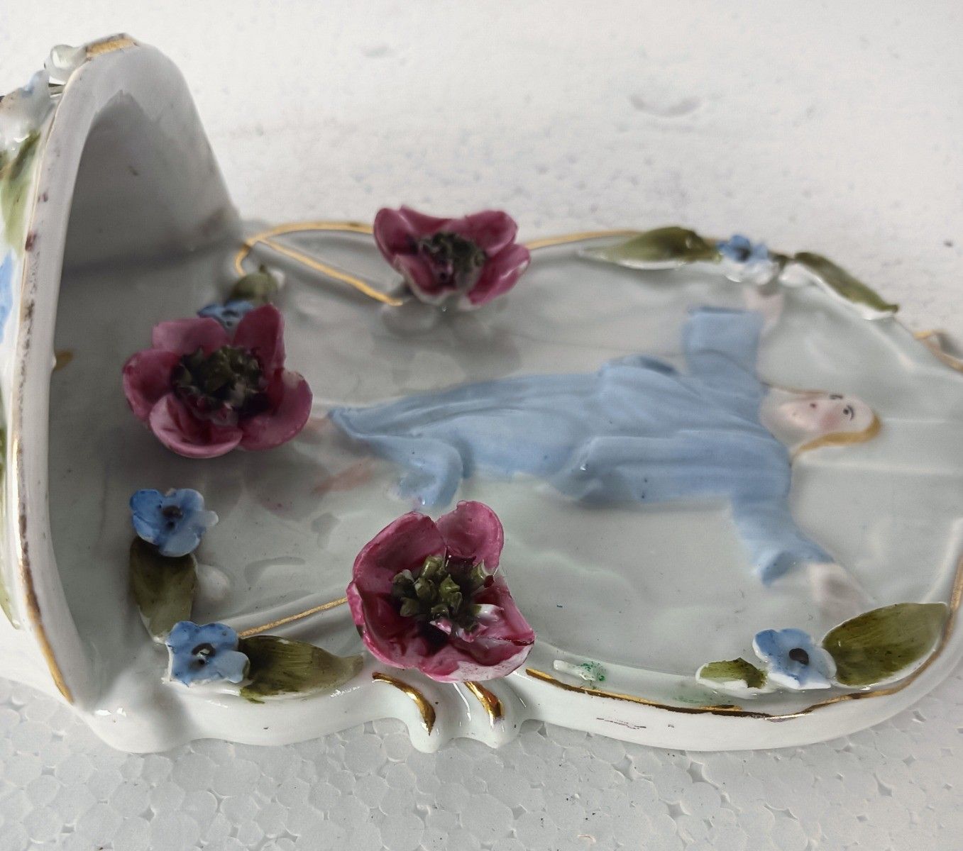 Beautiful Antique Porcelain Holy Water Font Porcelain Flowers Jesus Risen Lord W photo buy
