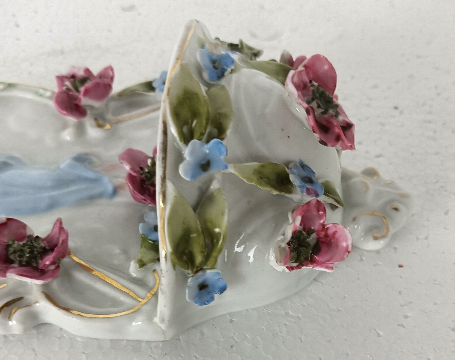 Beautiful Antique Porcelain Holy Water Font Porcelain Flowers Jesus Risen Lord W photo vintage