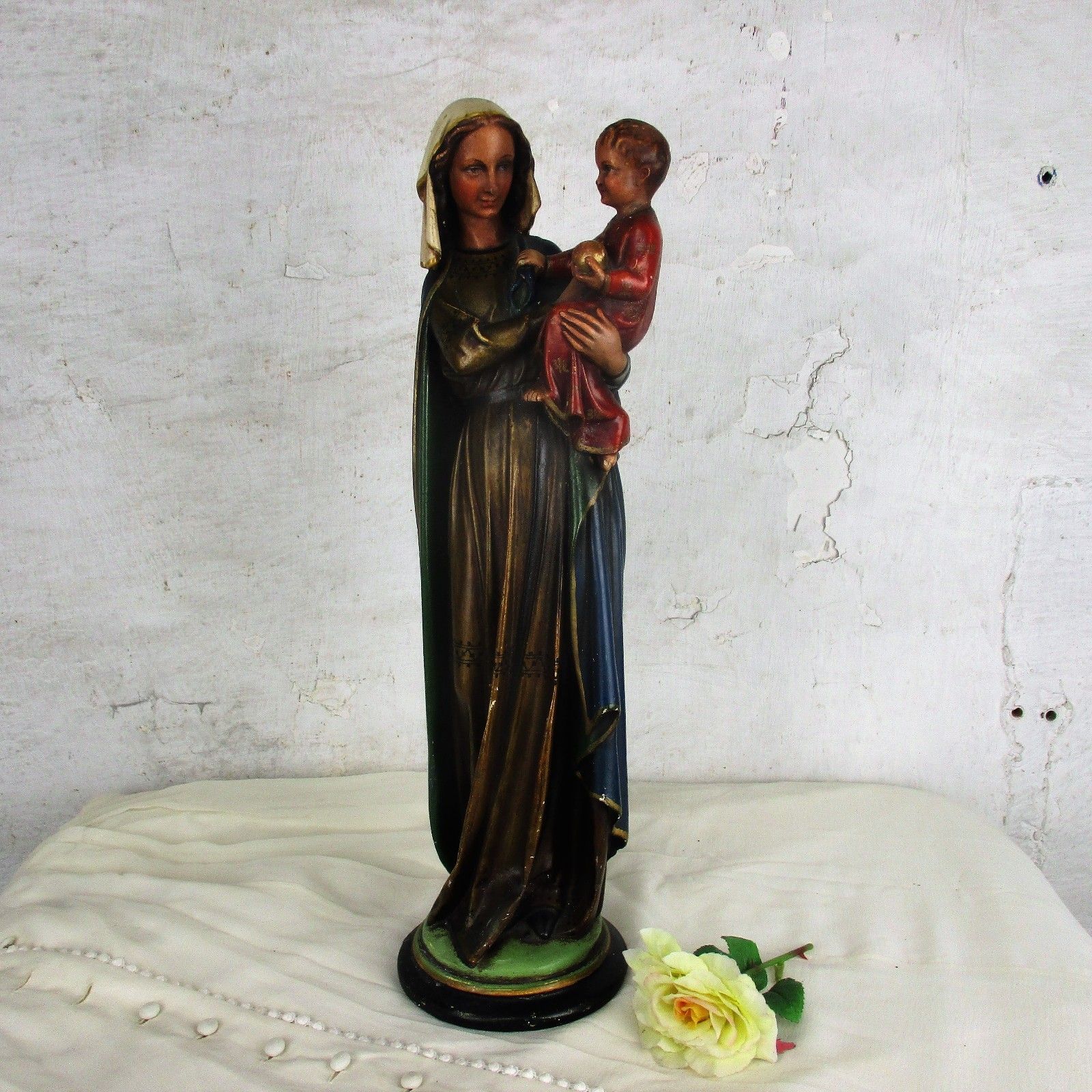 Antique 1900  Large  Church Statue Holy Mother Infant Child Neo Gothic Htf 17.7" photo furniture