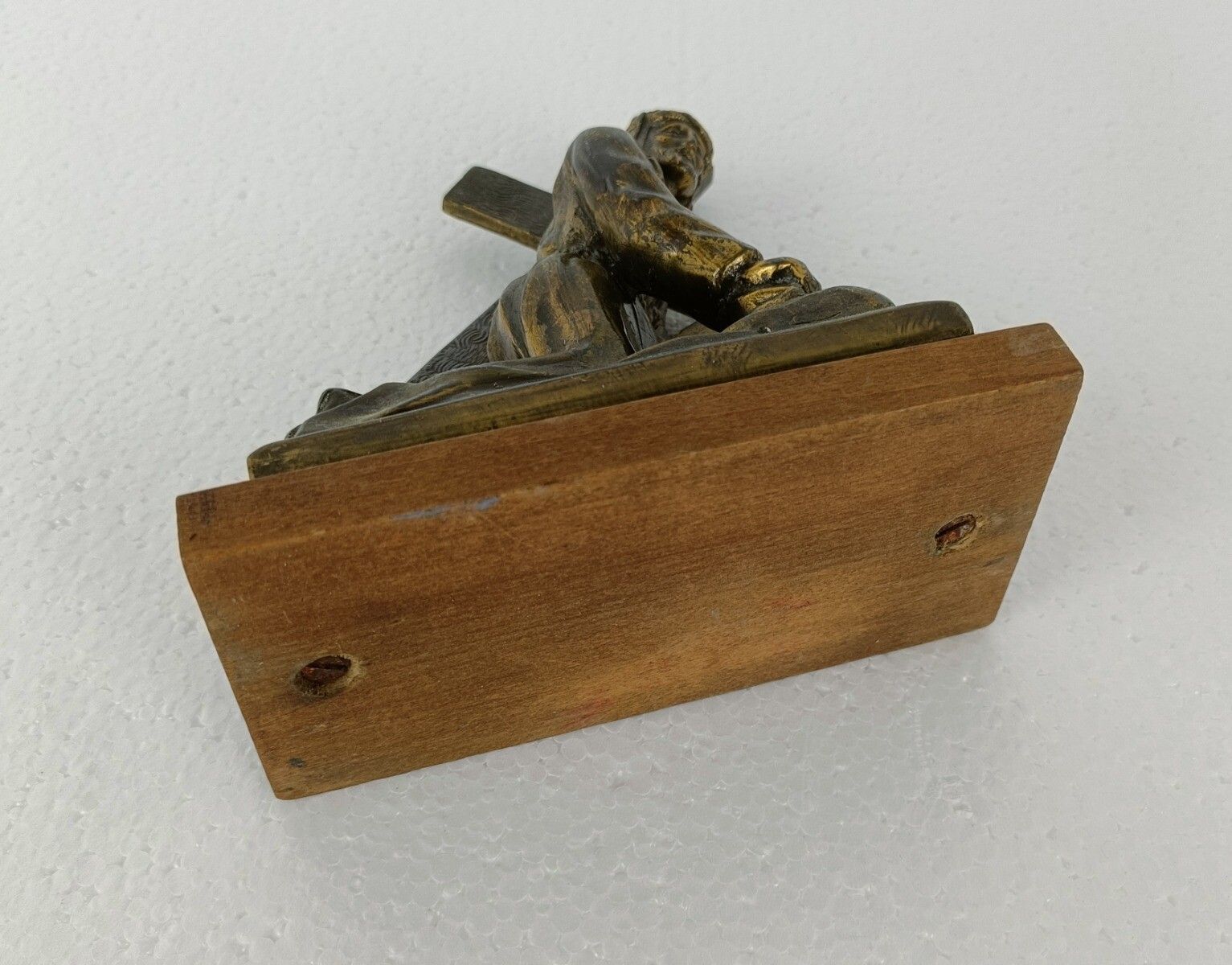 Small Statue Faux Brass Spelter On Wooden Base Jesus Christ Carrying The Cross C photo buy