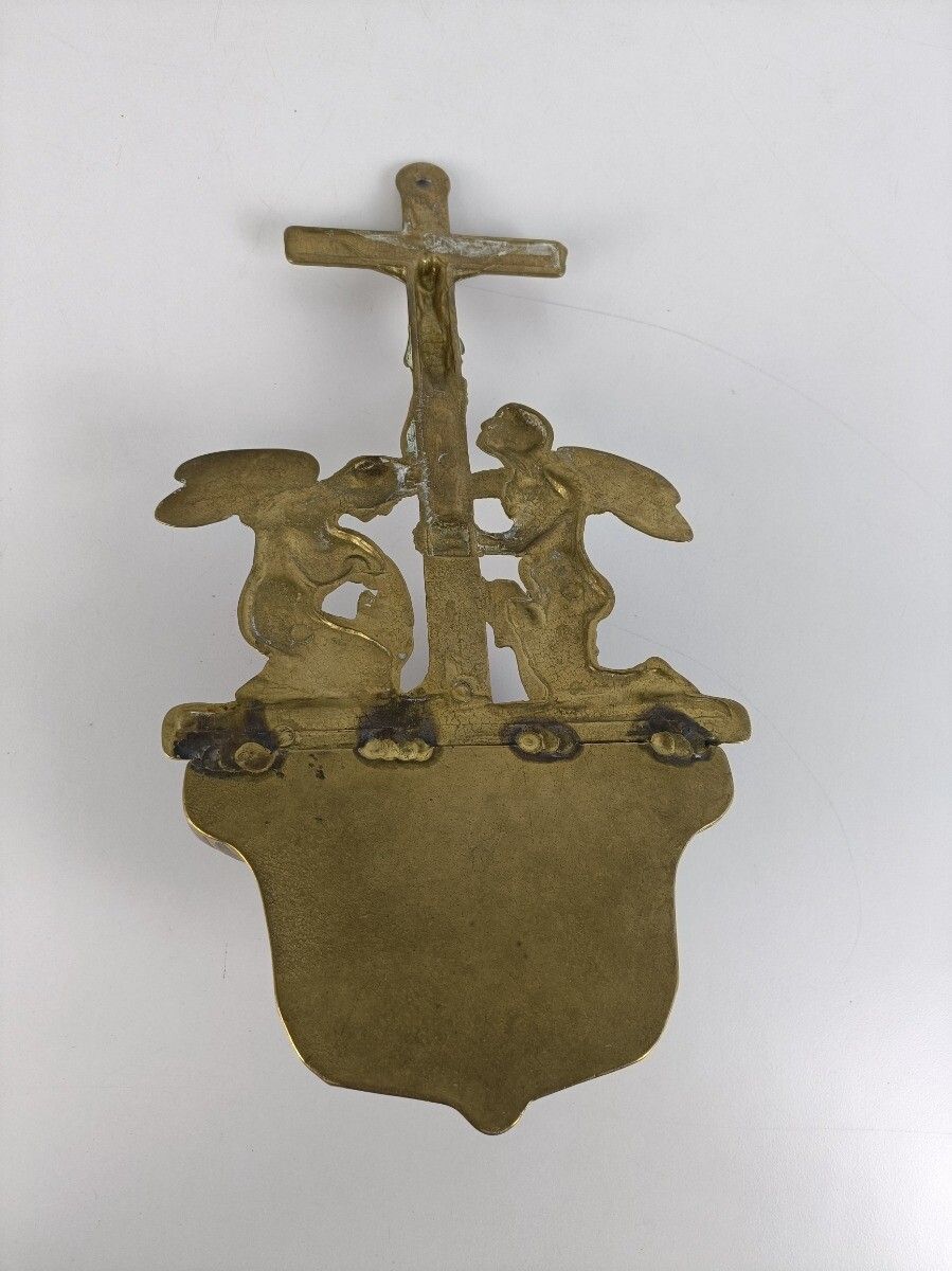 Vintage Large Brass Holy Water Font Angels Crucifix Cross Jesus Wall Hanging Orn photo vintage