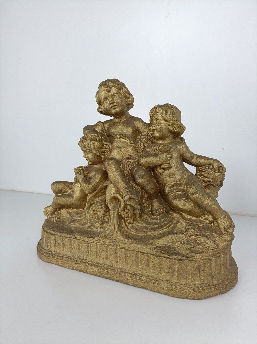 Gorgeous Antique Statue Figurine Plaster Children Eating Grapes Putti photo Art