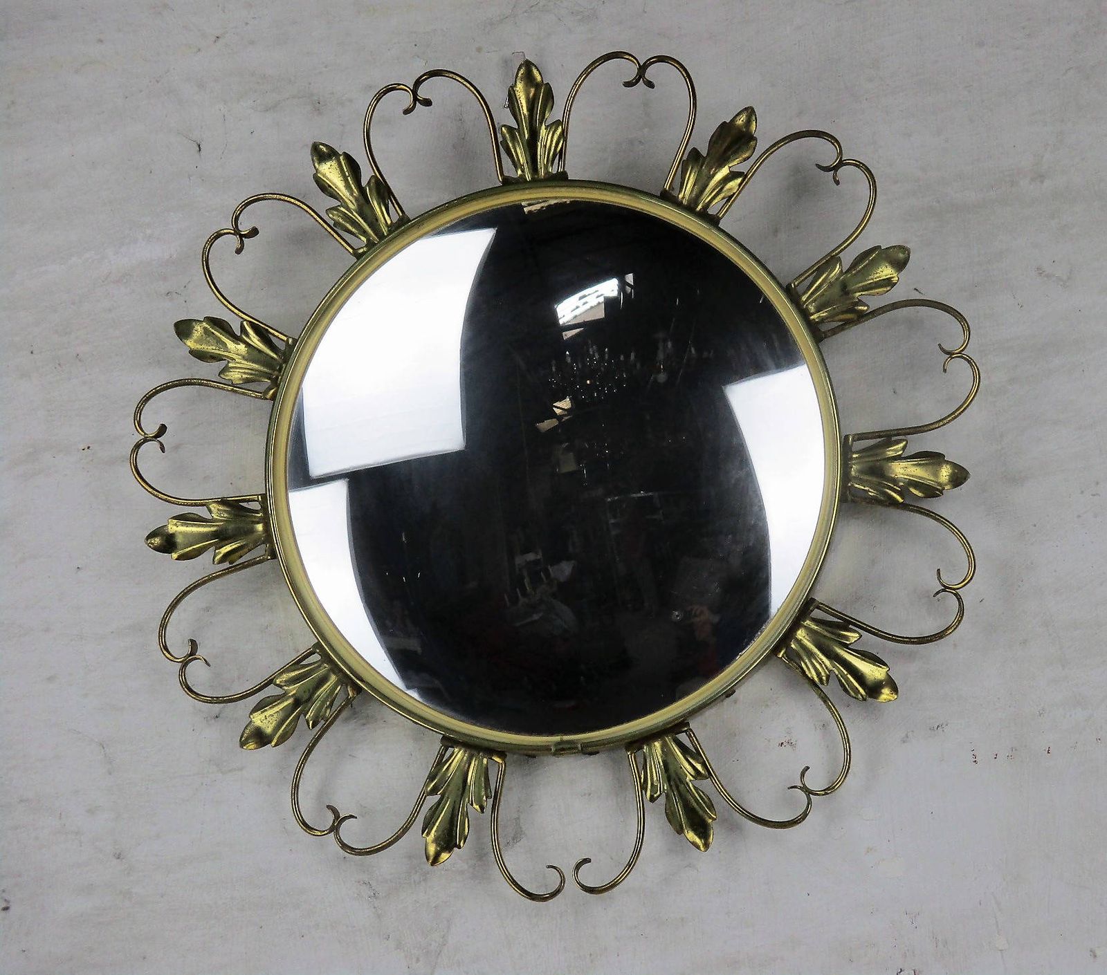 Vintage Starburst Sunburst Metal Wall Convex Mirror Mid Century Gold Leaves