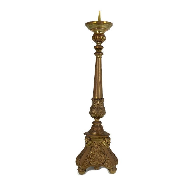 Antique Brass Church  Candle Holder Candle Stick Holder 17th C Angels Religous S