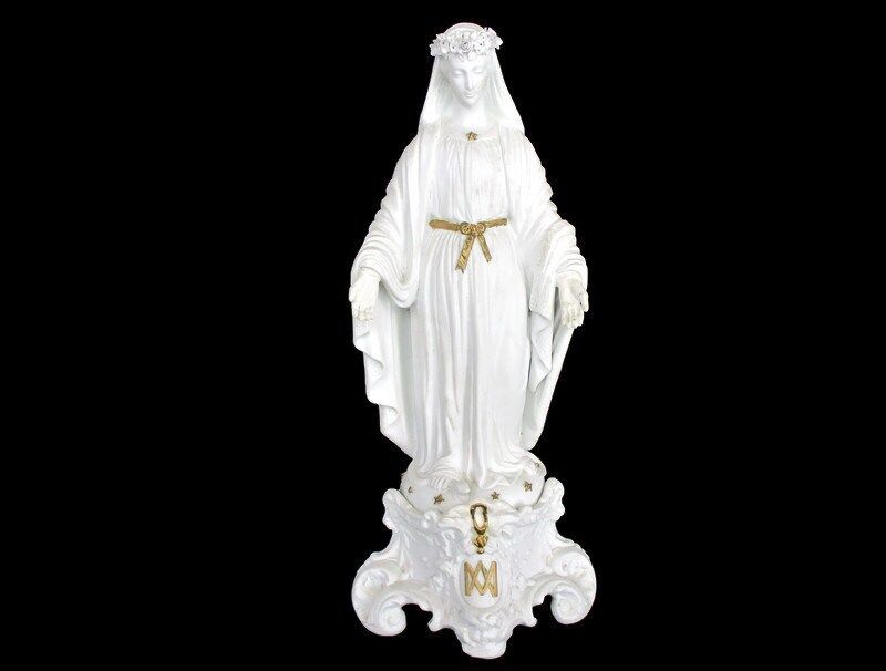 Large French Antique 1900 Bisque Statue Virgin Mary Our Lady Madonna Flower Garl