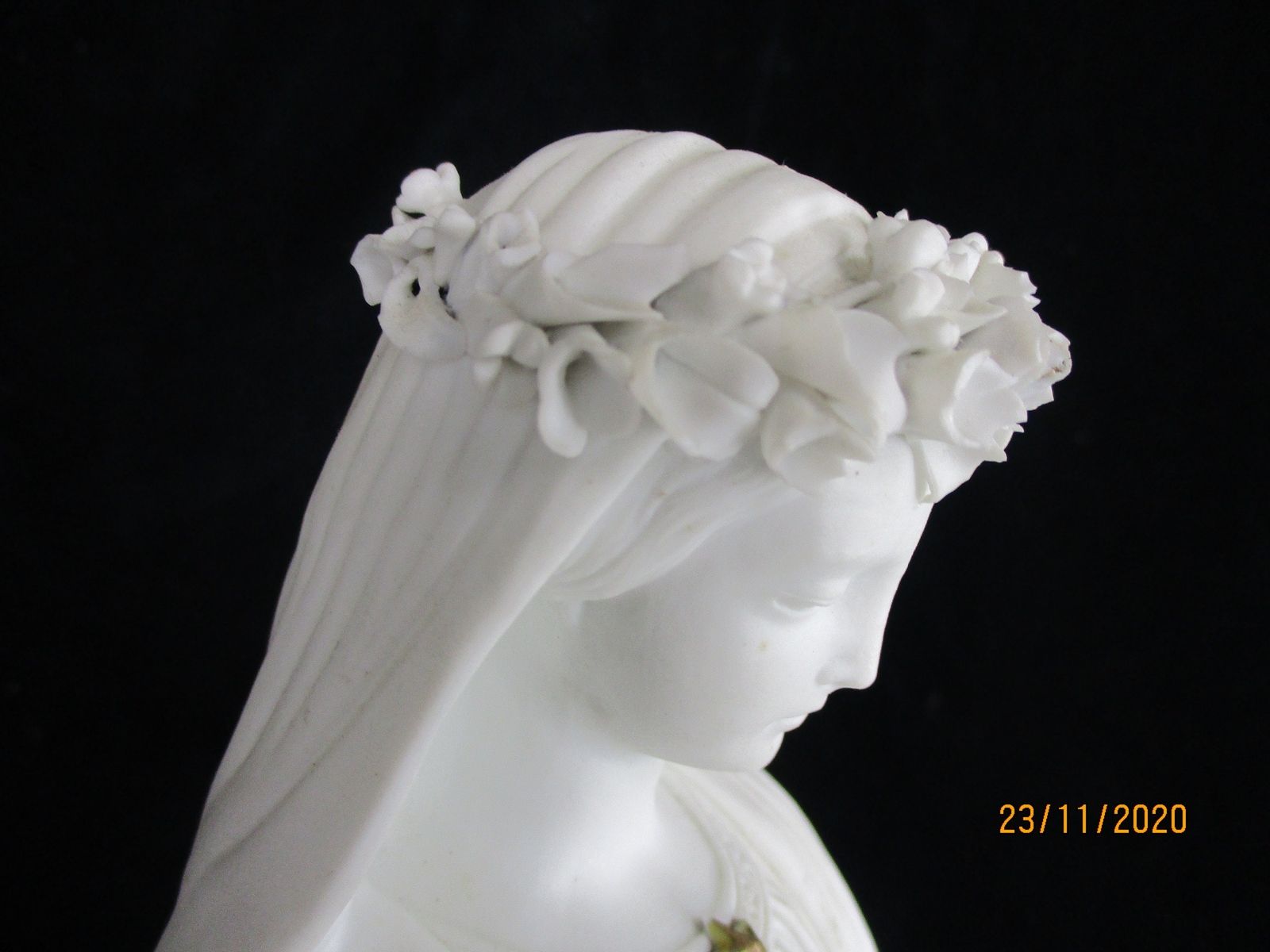 Large French Antique 1900 Bisque Statue Virgin Mary Our Lady Madonna Flower Garl photo vintage